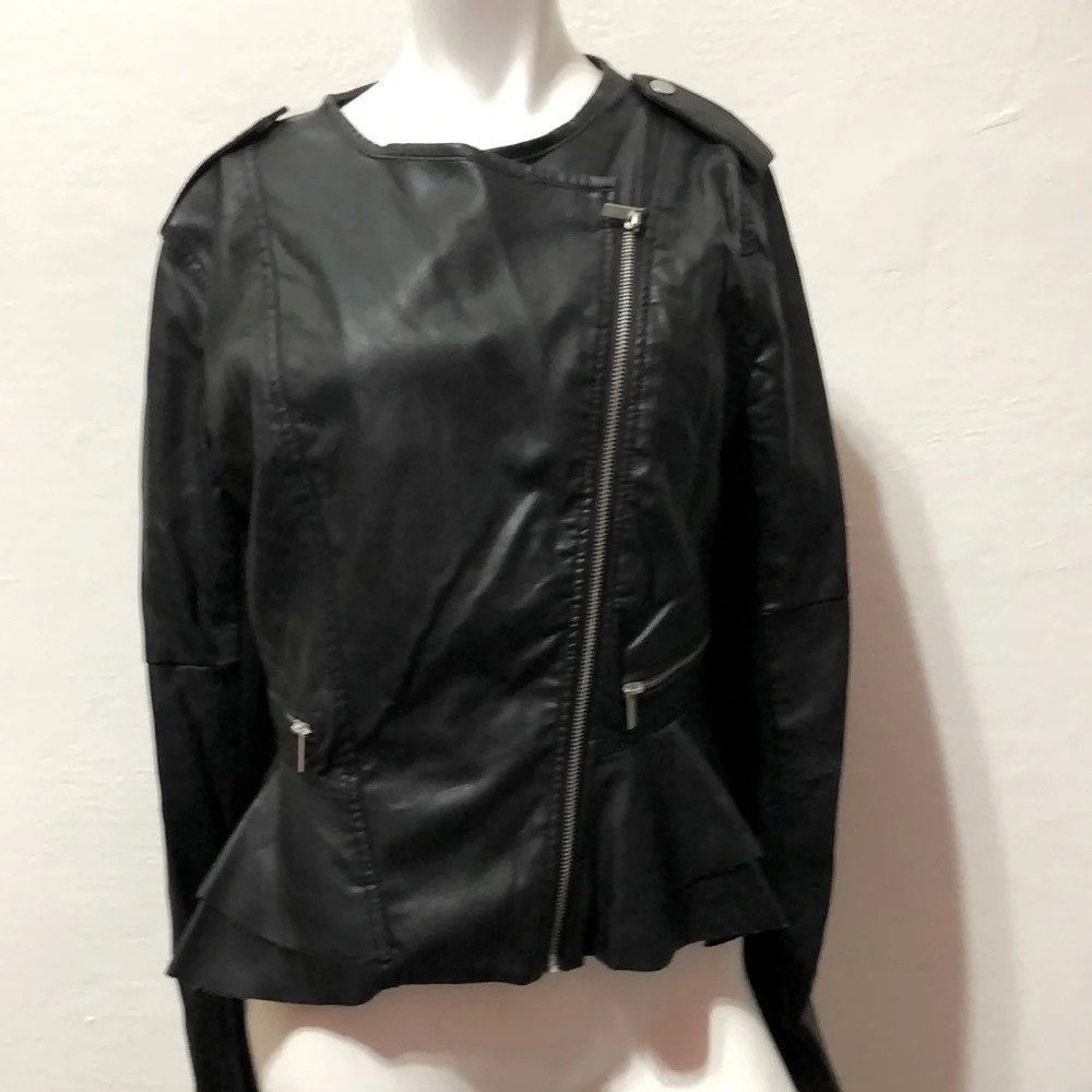 Miami Black Faux Leather Peplum Moto Jacket Size Medium